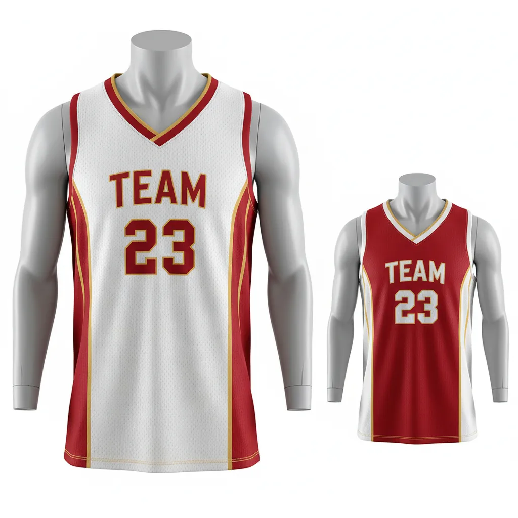 Custom Basketball V Neck Reversible Jersey - White, Red, Gold - Reversible Vneck Jersey Cardinal Side Panel Block - Front View - HAMCO Sports Inc.