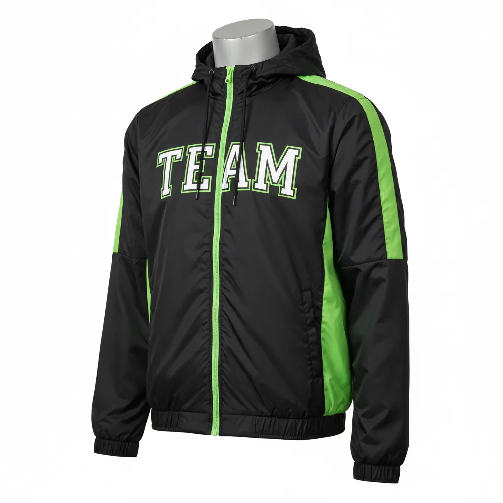 Custom Basketball Windbreaker Jacket - Black, Green, White - Windbreaker Jacket Lime - Front View - HAMCO Sports Inc.