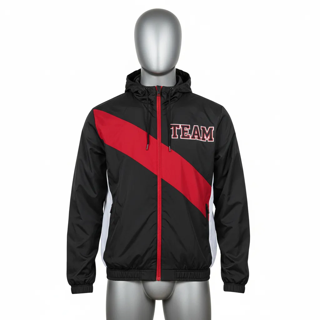 Custom Basketball Windbreaker Jacket - Black, Red, White - Windbreaker Jacket Diagonal - Front View - HAMCO Sports Inc.