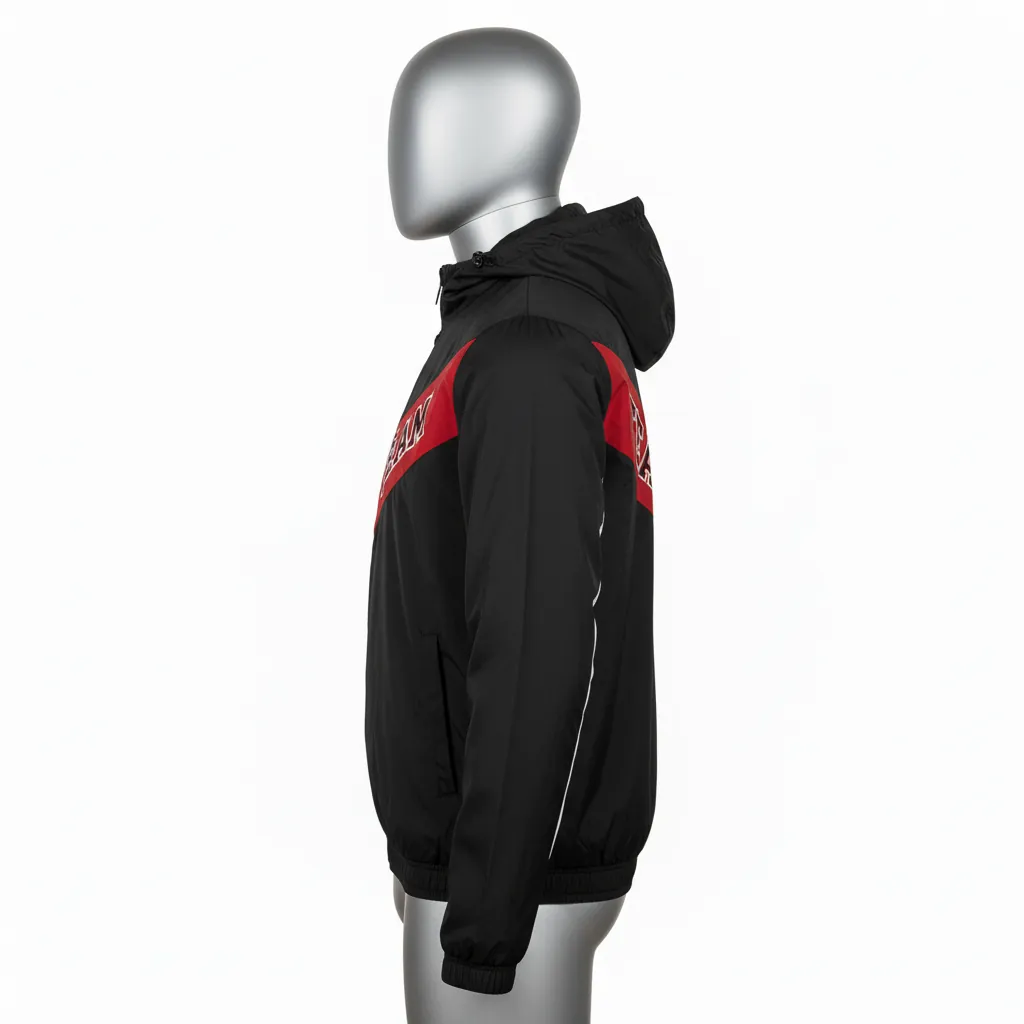 Custom Basketball Windbreaker Jacket - Black, Red, White - Windbreaker Jacket Diagonal - Side View - HAMCO Sports Inc.
