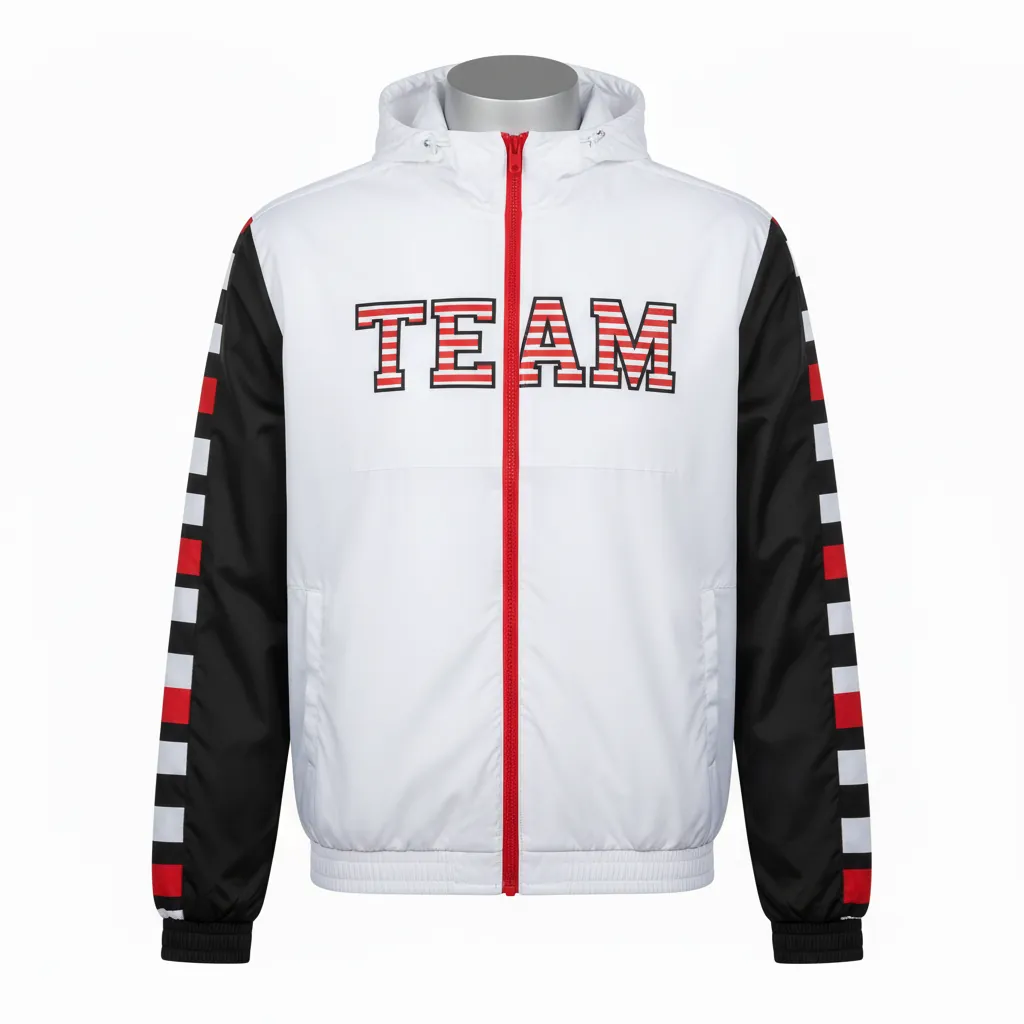 Custom Basketball Windbreaker Jacket - Black, White, Red - Windbreaker Jacket Sleeve - Front View - HAMCO Sports Inc.