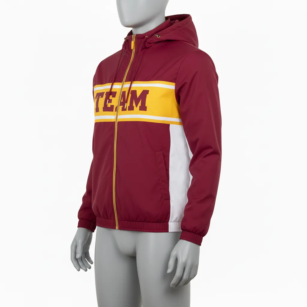 Custom Basketball Windbreaker Jacket - Burgundy, Gold, White - Windbreaker Jacket Chest - Front View - HAMCO Sports Inc.
