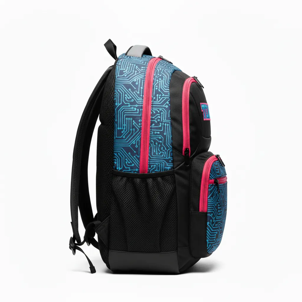 Custom Esports Backpack - Blue - Gaming Backpack All Blacks Electric Hot Pink - Side View - HAMCO Sports Inc.