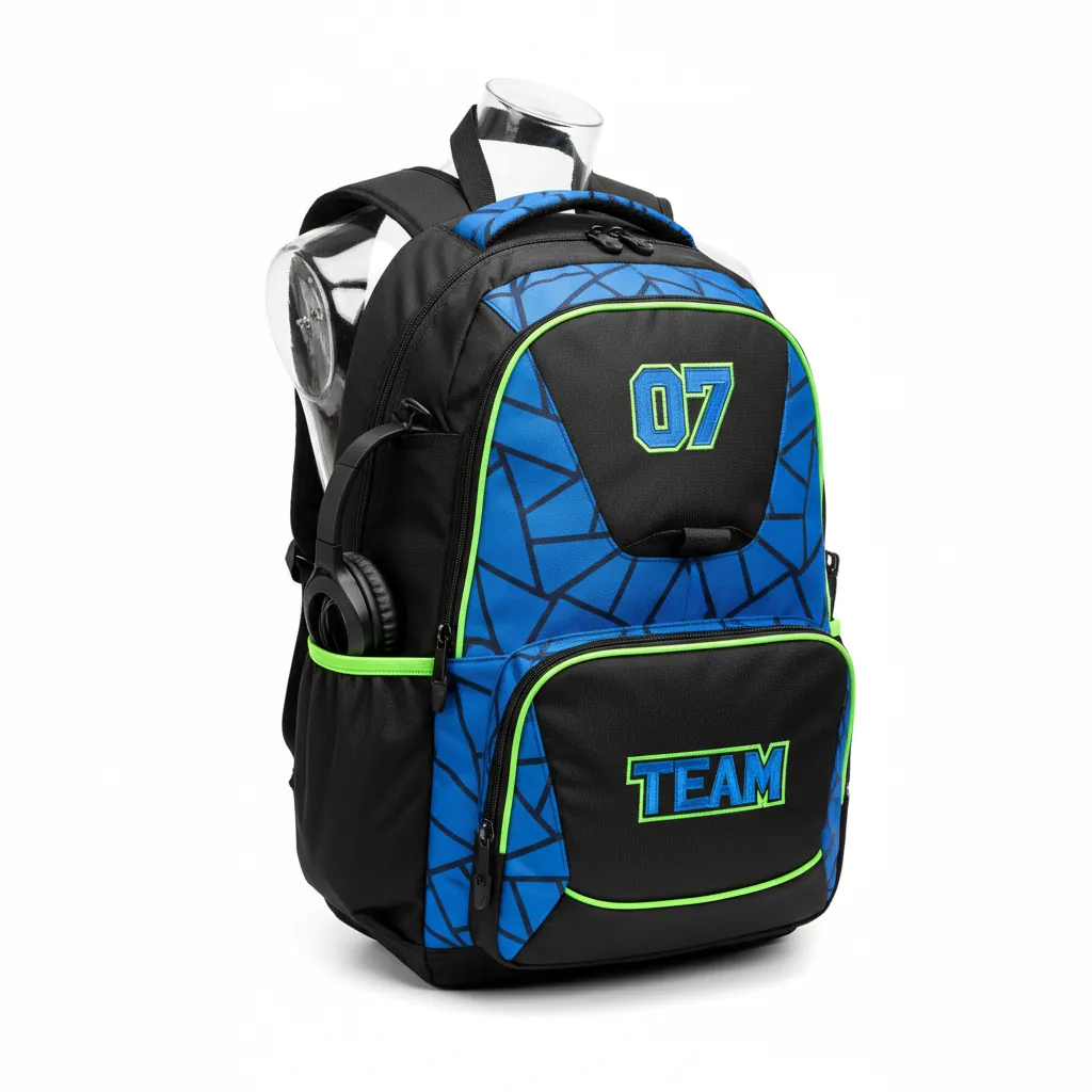 Custom Esports Backpack - Blue, Green - Gaming Backpack All Blacks Electric Neon - Front View - HAMCO Sports Inc.
