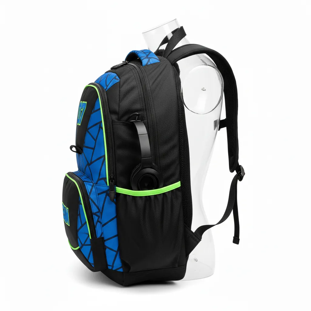 Custom Esports Backpack - Blue, Green - Gaming Backpack All Blacks Electric Neon - Side View - HAMCO Sports Inc.
