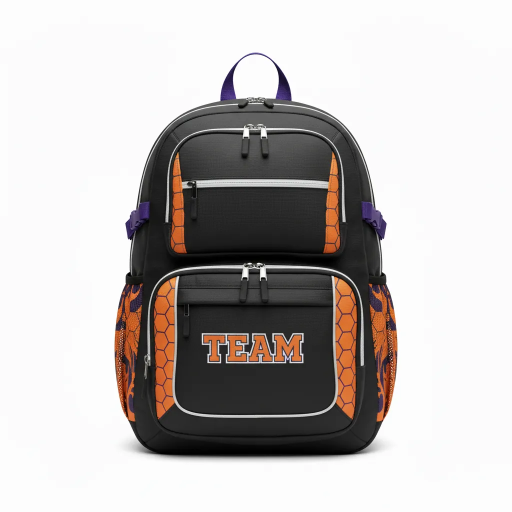Custom Esports Backpack - Orange, Silver - Gaming Backpack All Blacks Flame - Front View - HAMCO Sports Inc.