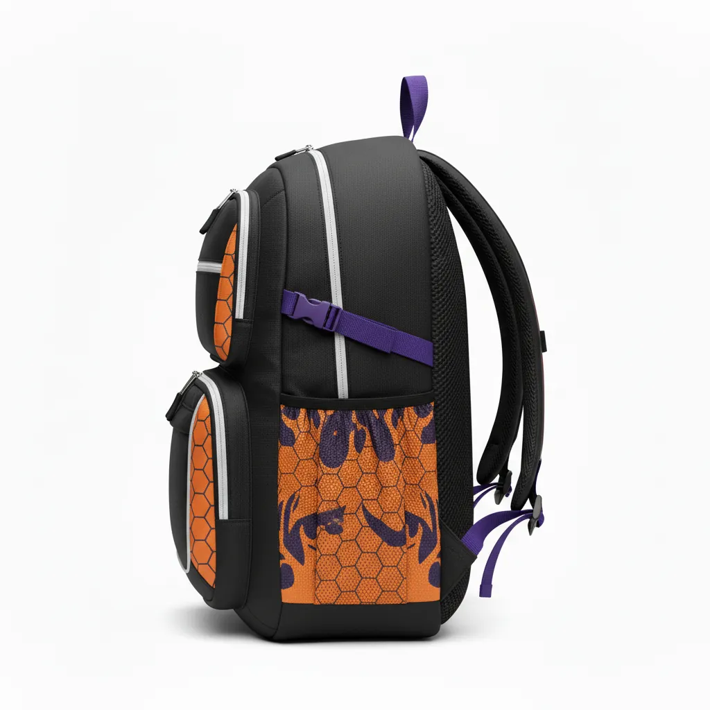 Custom Esports Backpack - Orange, Silver - Gaming Backpack All Blacks Flame - Side View - HAMCO Sports Inc.