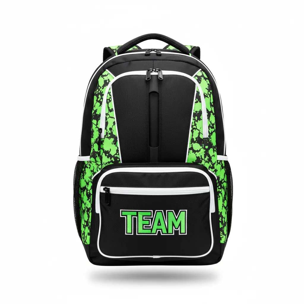 Custom Esports Backpack - Green, White - Gaming Backpack All Blacks Neon - Front View - HAMCO Sports Inc.