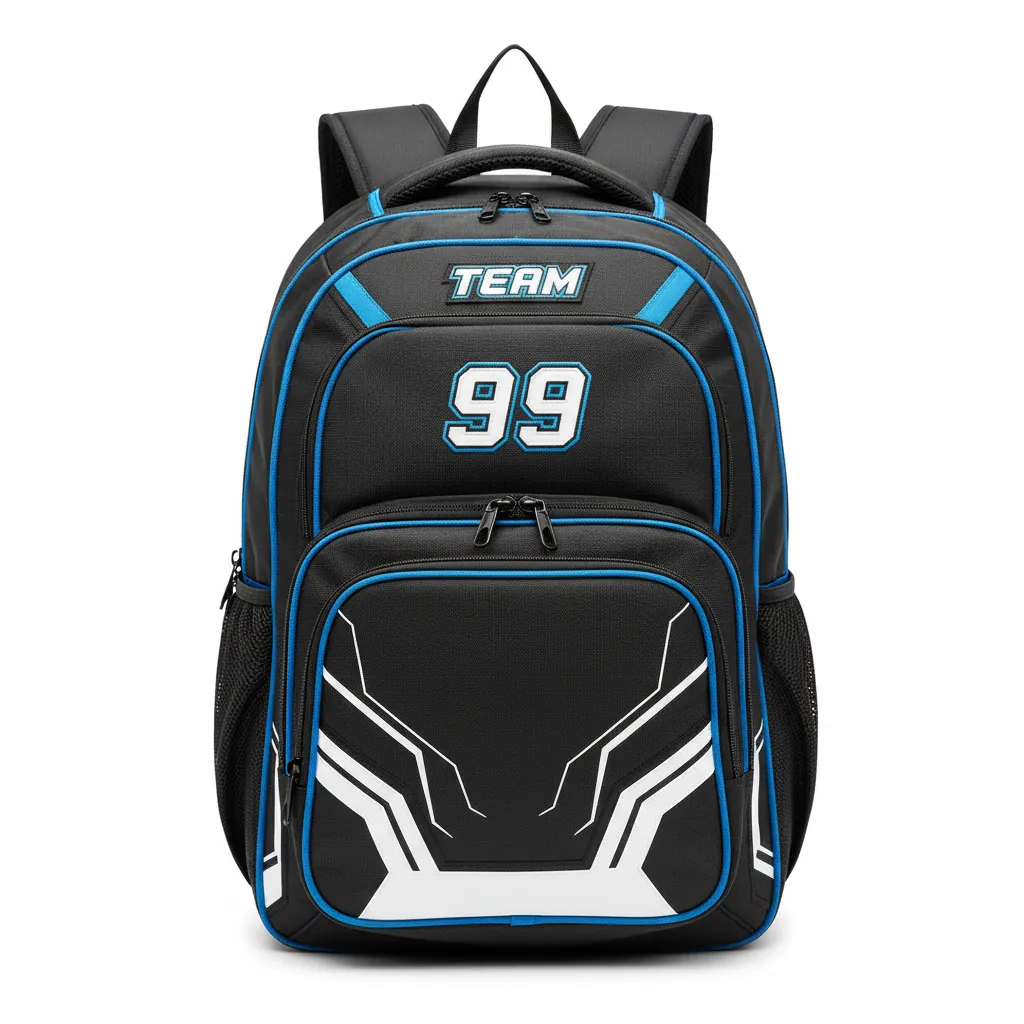 Custom Esports Backpack - White, Blue - Gaming Backpack All Blacks Electric - Front View - HAMCO Sports Inc.
