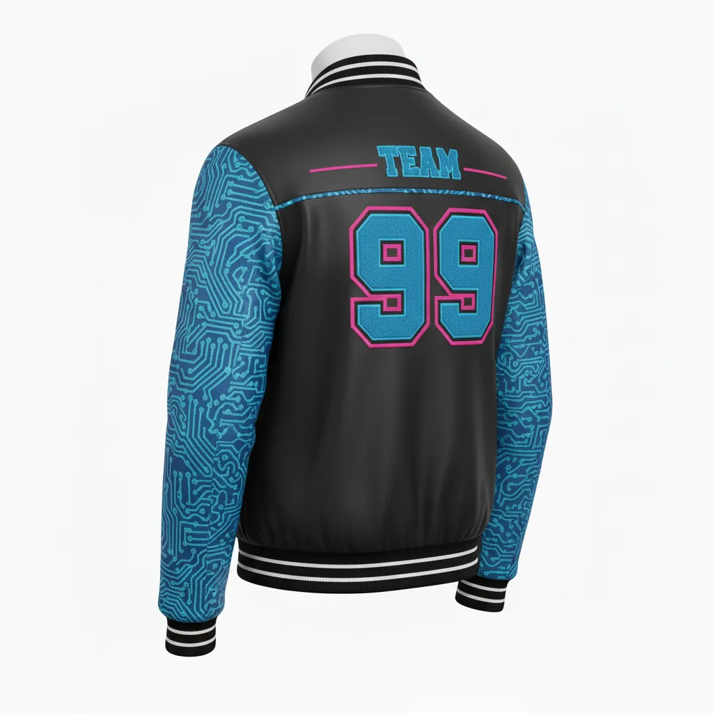 Custom Esports Bomber Jacket - Blue - Bomber Jacket All Blacks Electric Hot Pink - Back View - HAMCO Sports Inc.