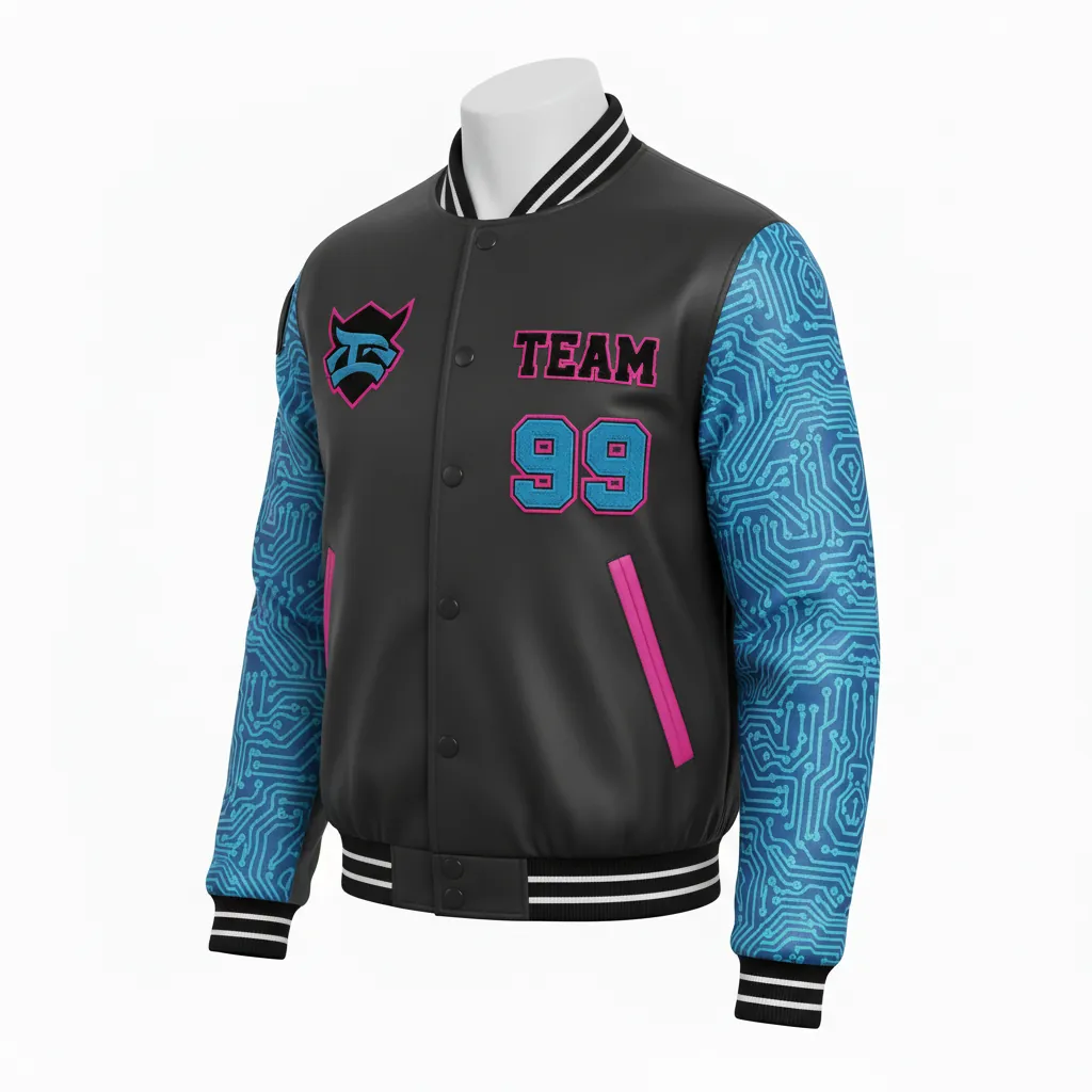 Custom Esports Bomber Jacket - Blue - Bomber Jacket All Blacks Electric Hot Pink - Front View - HAMCO Sports Inc.