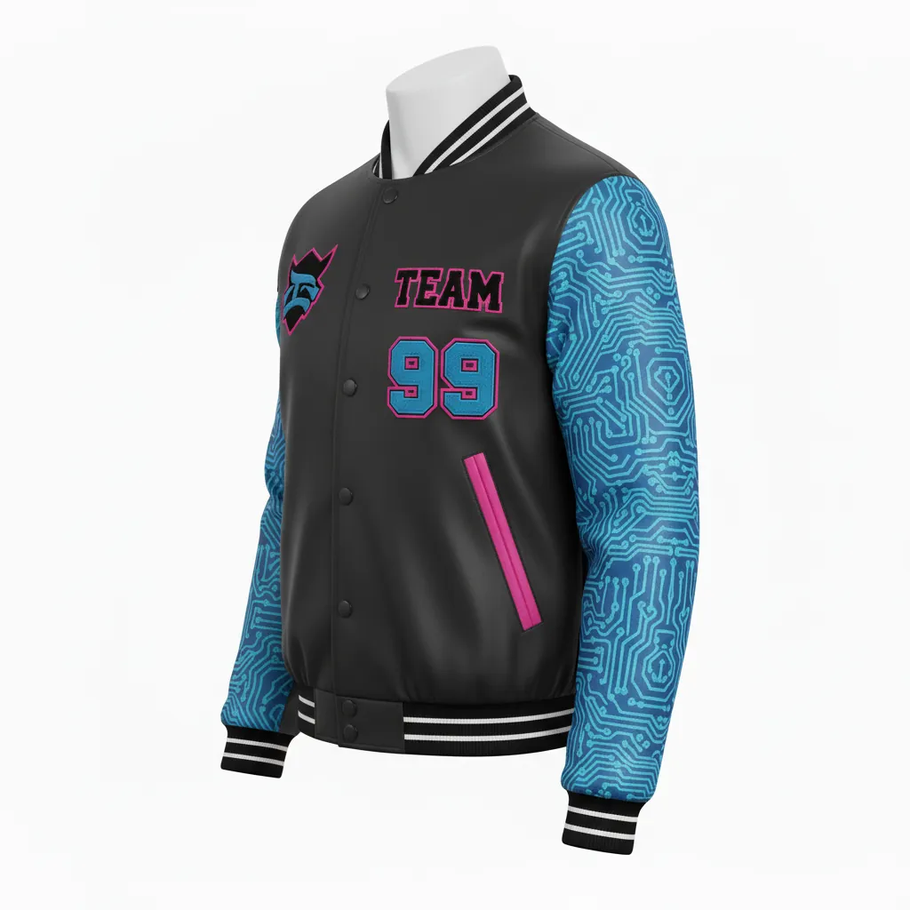 Custom Esports Bomber Jacket - Blue - Bomber Jacket All Blacks Electric Hot Pink - Side View - HAMCO Sports Inc.