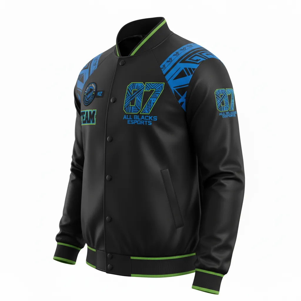 Custom Esports Bomber Jacket - Blue, Green - Bomber Jacket All Blacks Electric Neon - Side View - HAMCO Sports Inc.