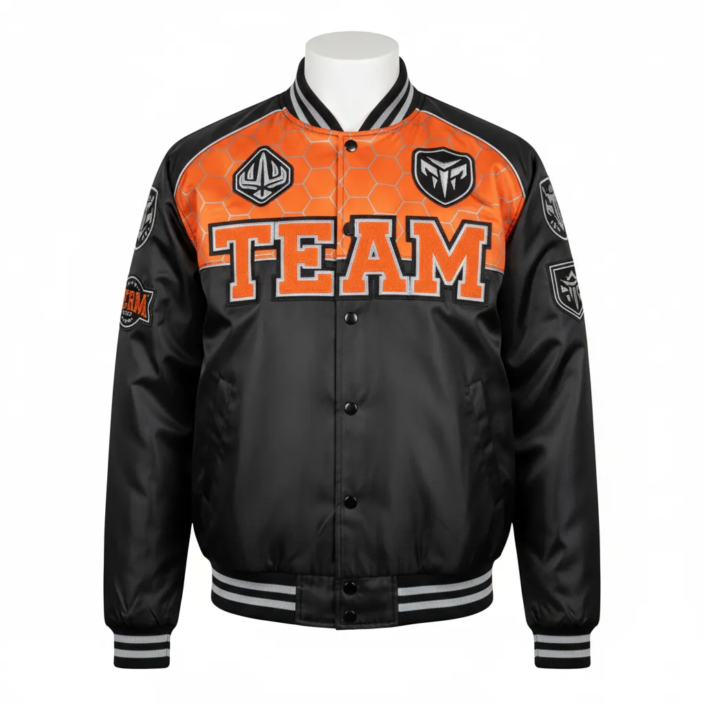 Custom Esports Bomber Jacket - Orange, Silver - Bomber Jacket All Blacks Flame - Front View - HAMCO Sports Inc.