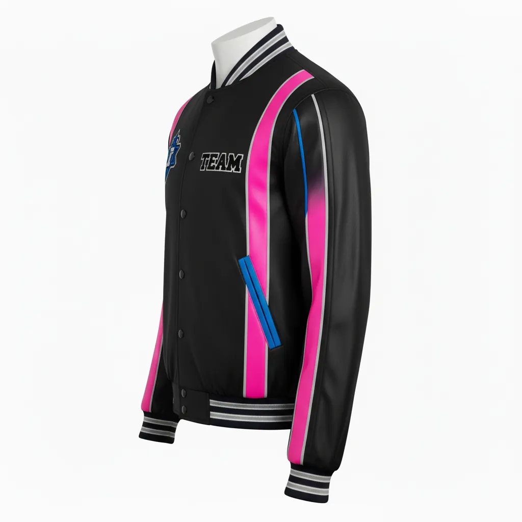 Custom Esports Bomber Jacket - Blue - Bomber Jacket All Blacks Hot Pink Electric - Side View - HAMCO Sports Inc.