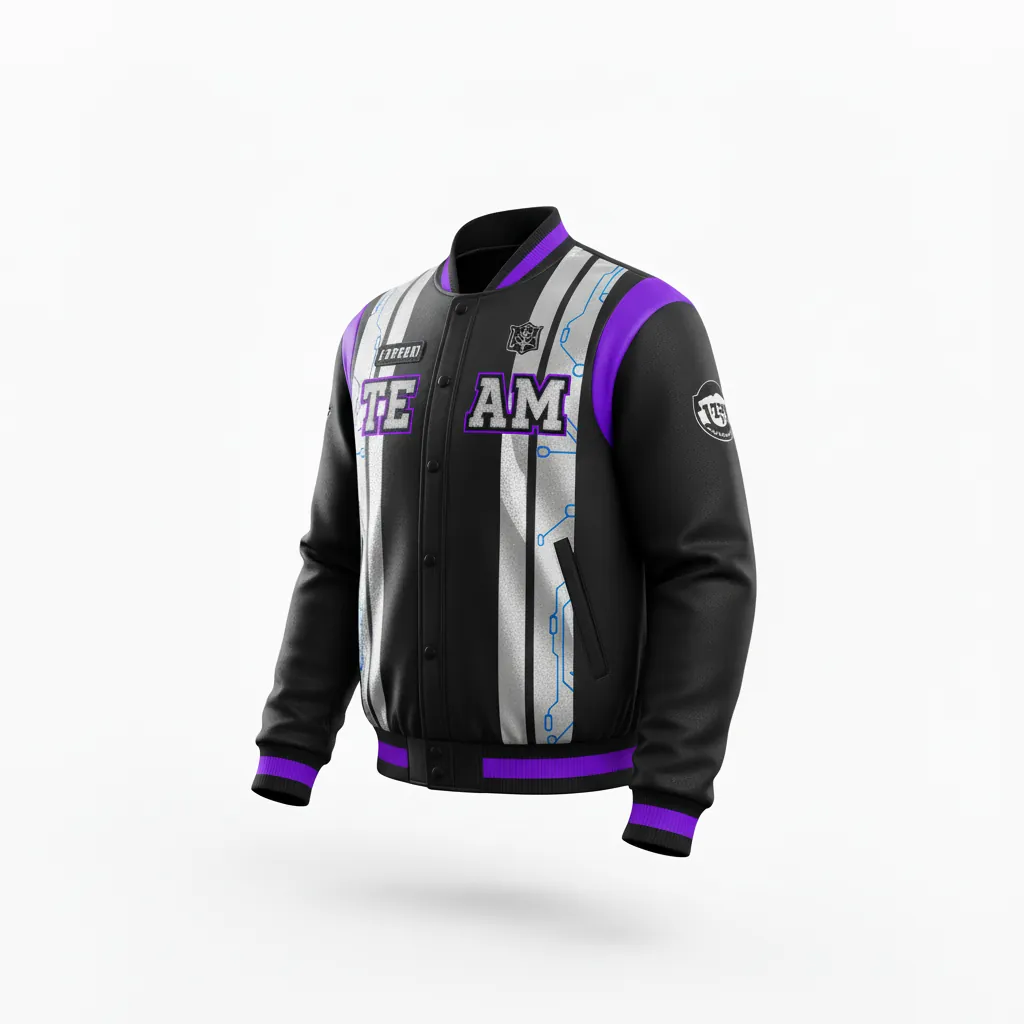 Custom Esports Bomber Jacket - Silver, Purple - Bomber Jacket All Blacks Cyber - Side View - HAMCO Sports Inc.