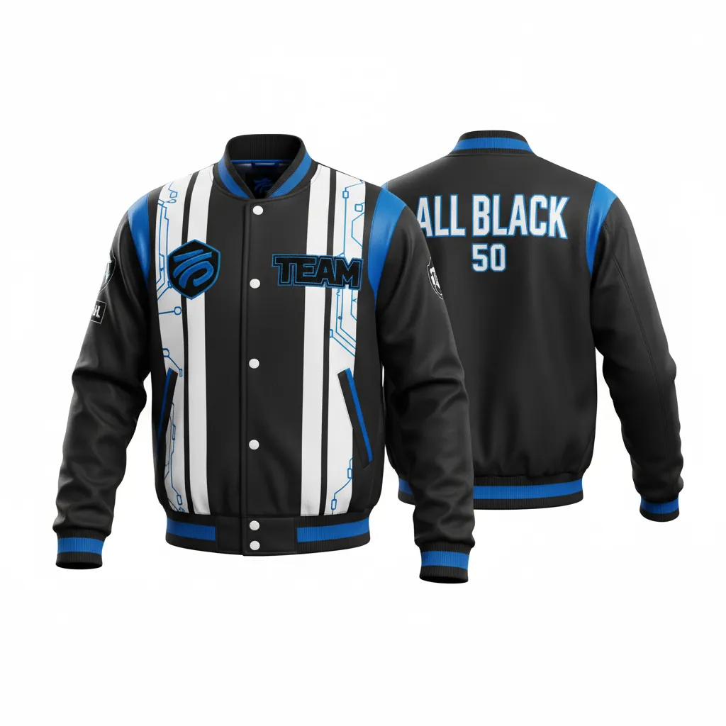 Custom Esports Bomber Jacket - White, Blue - Bomber Jacket All Blacks Electric - Front View - HAMCO Sports Inc.