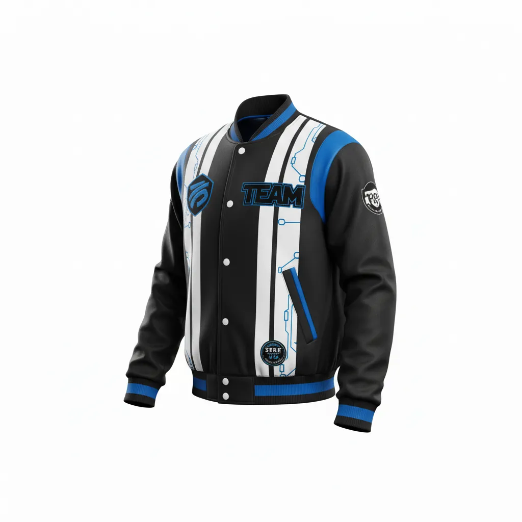 Custom Esports Bomber Jacket - White, Blue - Bomber Jacket All Blacks Electric - Side View - HAMCO Sports Inc.