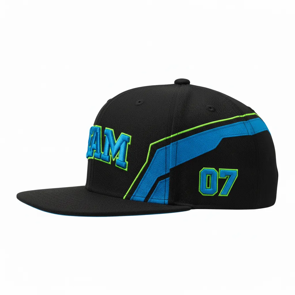 Custom Esports Cap - Blue, Green - Team Cap All Blacks Electric Neon - Side View - HAMCO Sports Inc.