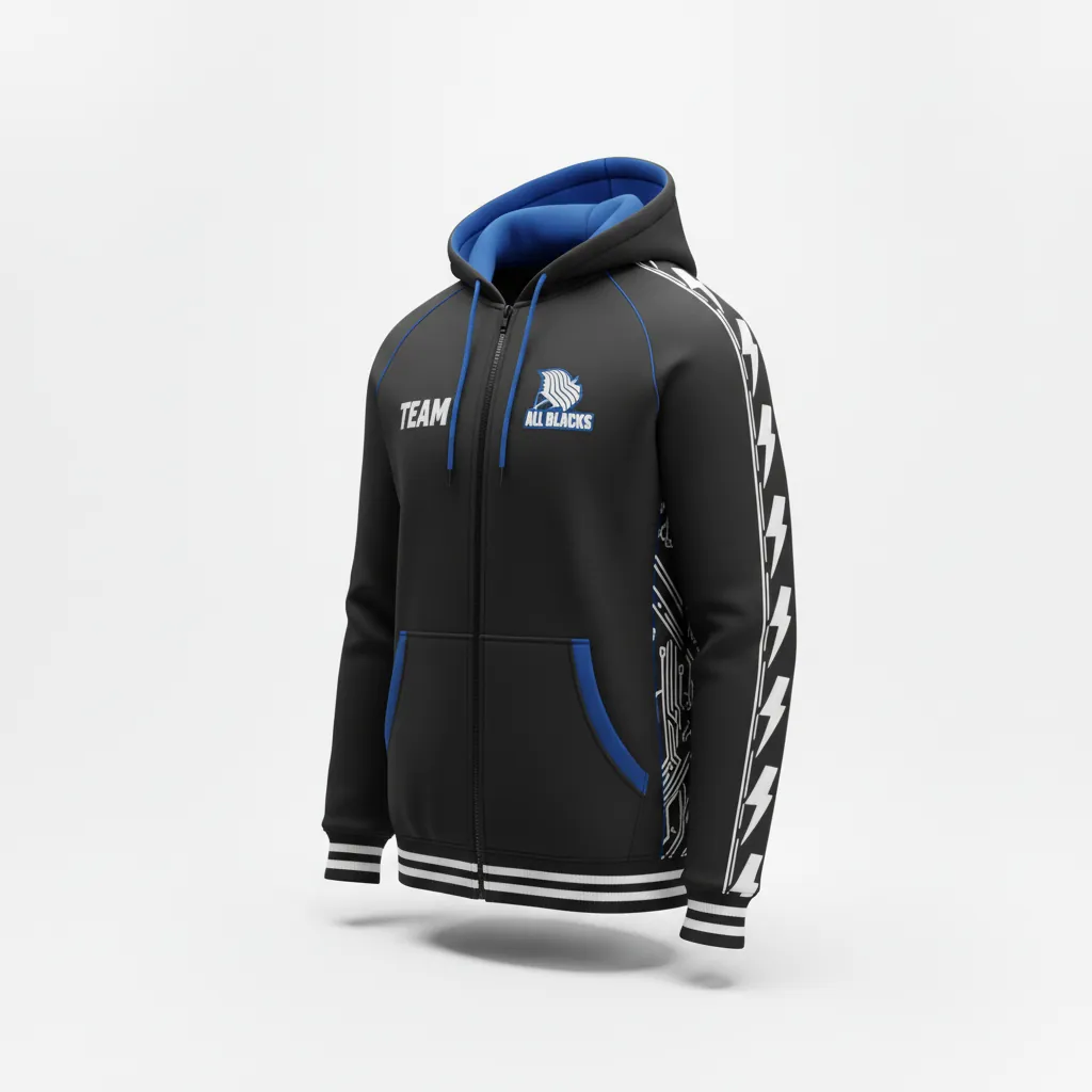 Custom Esports Full Zip Hoodie - White, Blue - Full Zip Hoodie All Blacks Electric - Side View - HAMCO Sports Inc.