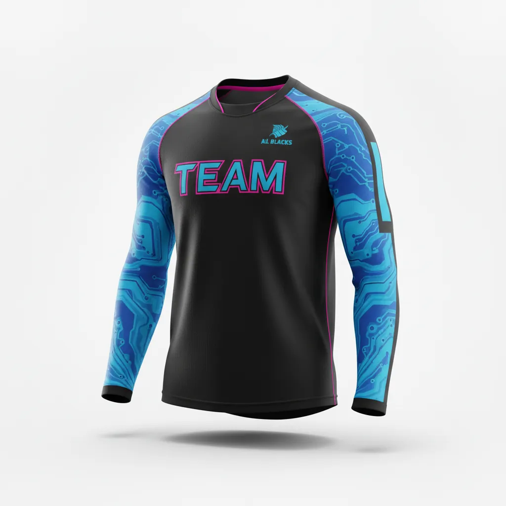 Custom Esports Long Sleeve T Shirts - Blue, Pink - Ls All Blacks Electric Hot - Front View - Hamco Sports Inc.