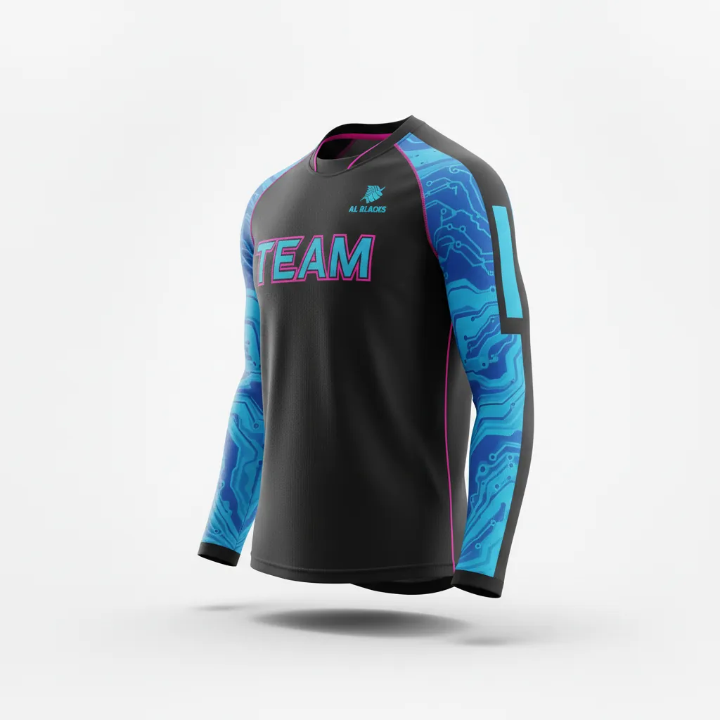 Custom Esports Long Sleeve T Shirts - Blue, Pink - Ls All Blacks Electric Hot - Side View - Hamco Sports Inc.