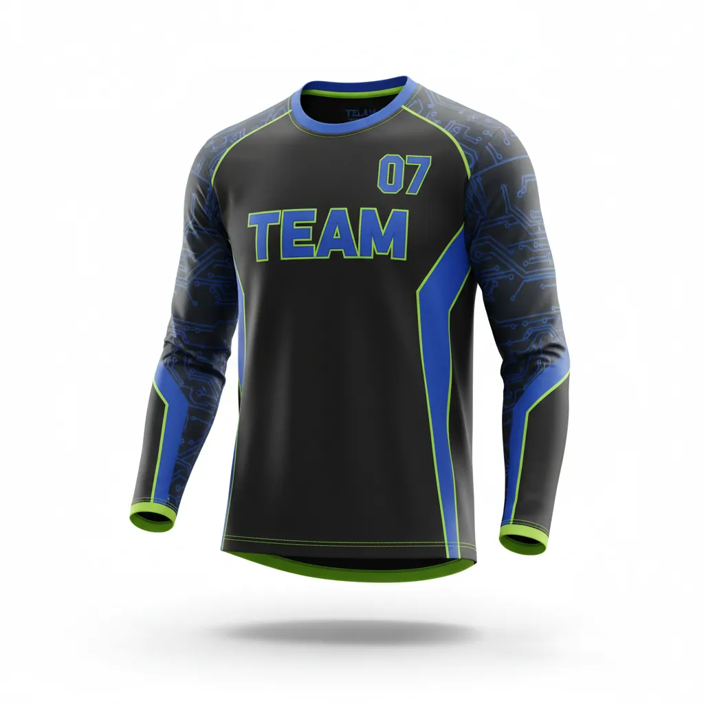 Custom Esports Long Sleeve T Shirts - Blue, Green - Ls All Blacks Electric Neon - Front View - Hamco Sports Inc.