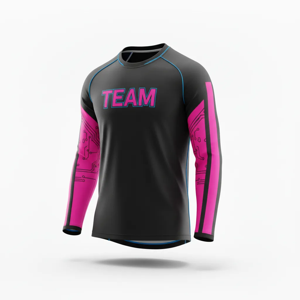 Custom Esports Long Sleeve T Shirts - Pink, Blue - Ls All Blacks Hot Electric - Front View - Hamco Sports Inc.
