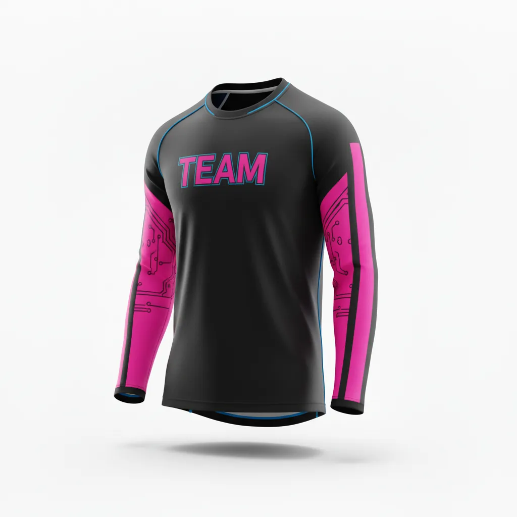 Custom Esports Long Sleeve T Shirts - Pink, Blue - Ls All Blacks Hot Electric - Side View - Hamco Sports Inc.