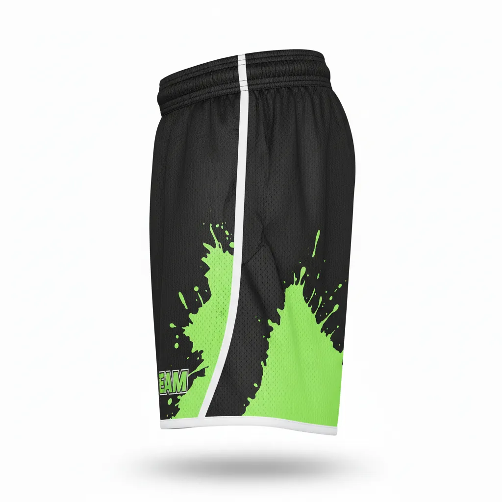 Custom Esports Training Shorts - Green, White - Perf Shorts All Blacks Neon - Side View - HAMCO Sports Inc.