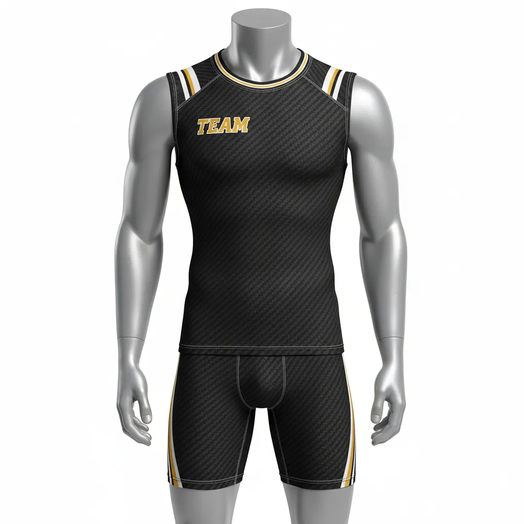 Custom Flag Football Compression Uniform - Black, Gold - Vegas Carbon Accent - Front View - Hamco Sports Inc.