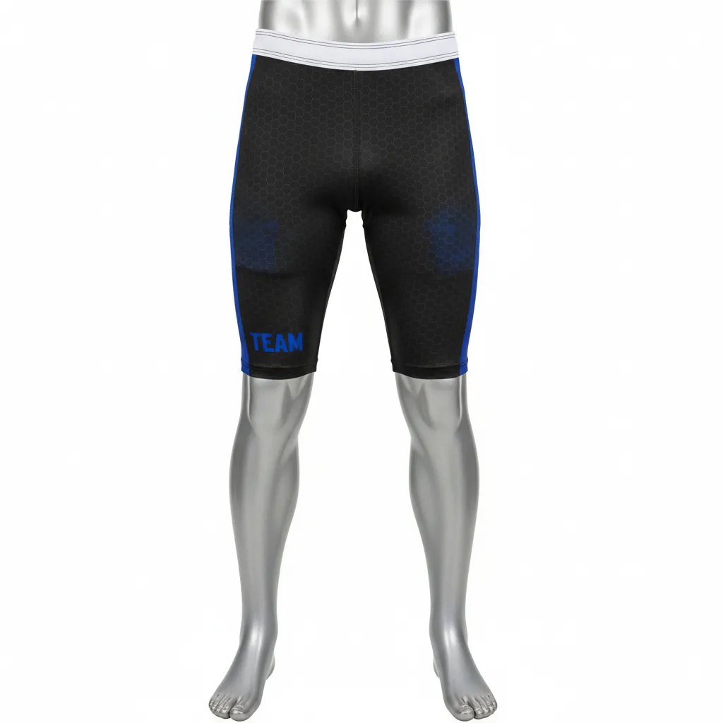 Custom Flag Football Flag Football Compression Shorts - Black - Football Compression Shorts Royal Hexagon - Front View - HAMCO Sports Inc.
