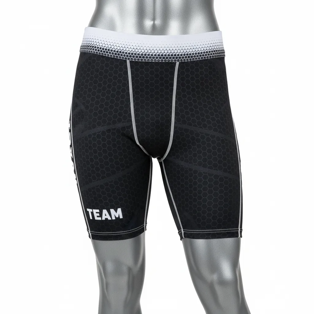 Custom Flag Football Flag Football Compression Shorts - Black, White - Football Compression Shorts Hexagon - Front View - HAMCO Sports Inc.