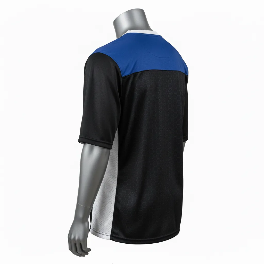 Custom Flag Football Flag Football Practice Jersey - Black - Football Athletic Jersey Royal Hexagon Yoke - Back View - HAMCO Sports Inc.