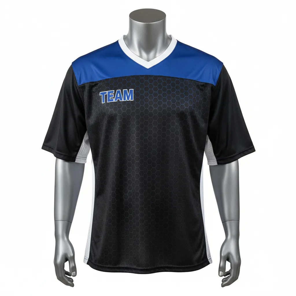 Custom Flag Football Flag Football Practice Jersey - Black - Football Athletic Jersey Royal Hexagon Yoke - Front View - HAMCO Sports Inc.