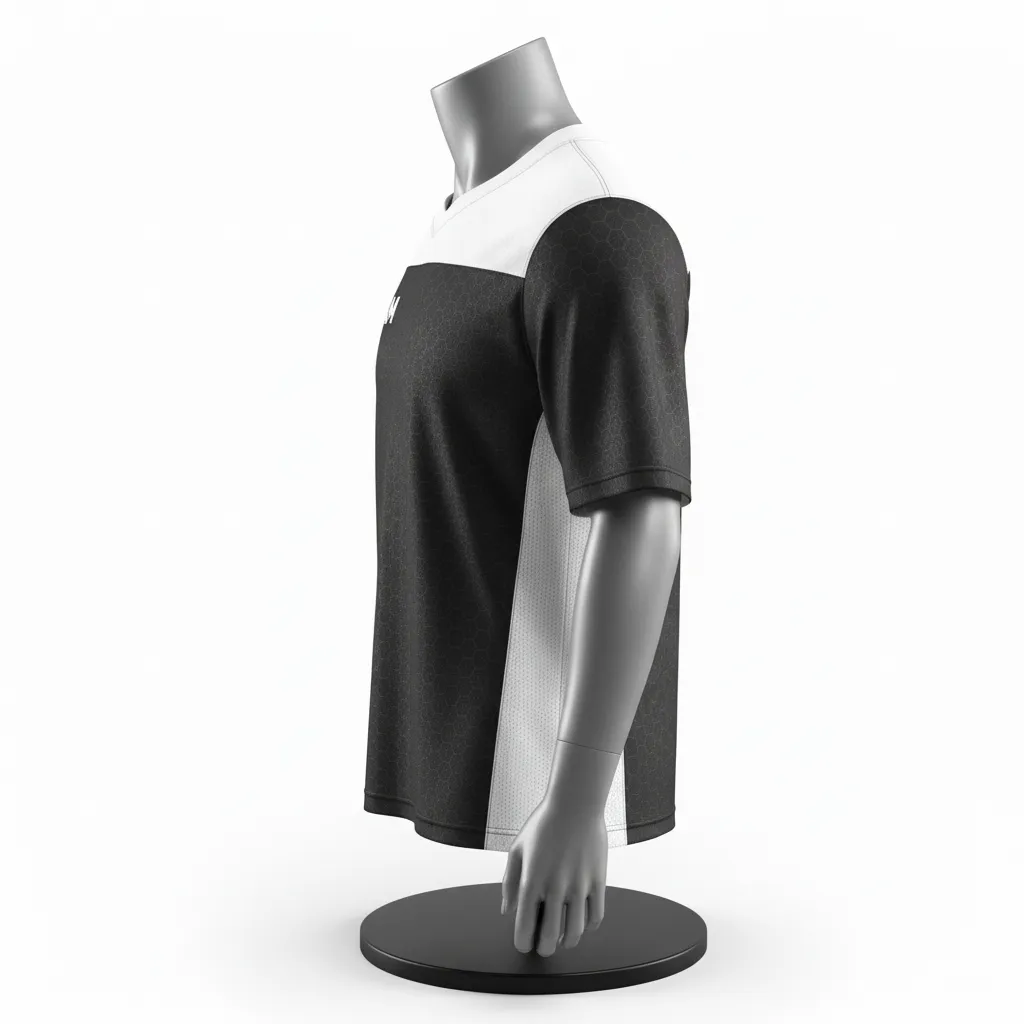 Custom Flag Football Flag Football Practice Jersey - Black, White - Football Athletic Jersey Hexagon Yoke - Side View - HAMCO Sports Inc.