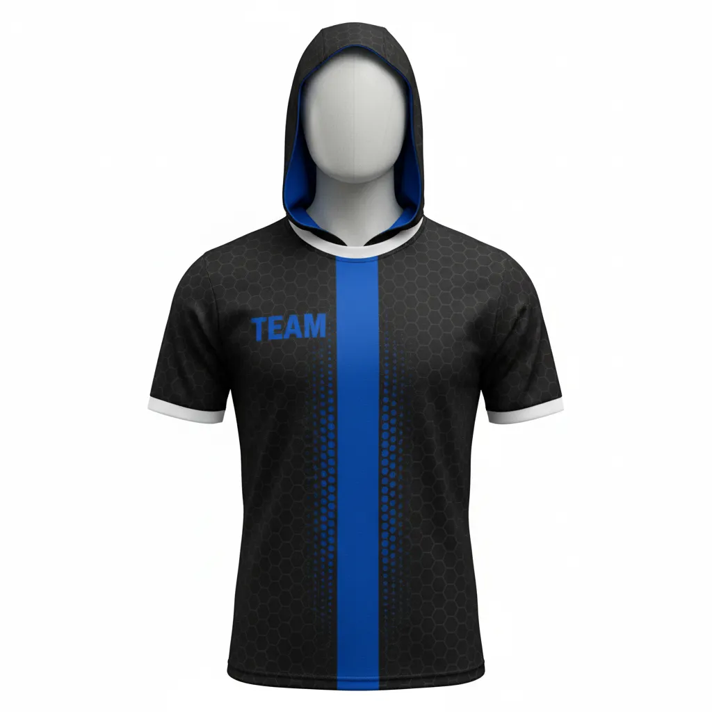 Custom Flag Football Hooded Jersey - Black - Football Hooded Jersey Royal Hexagon - Front View - HAMCO Sports Inc.