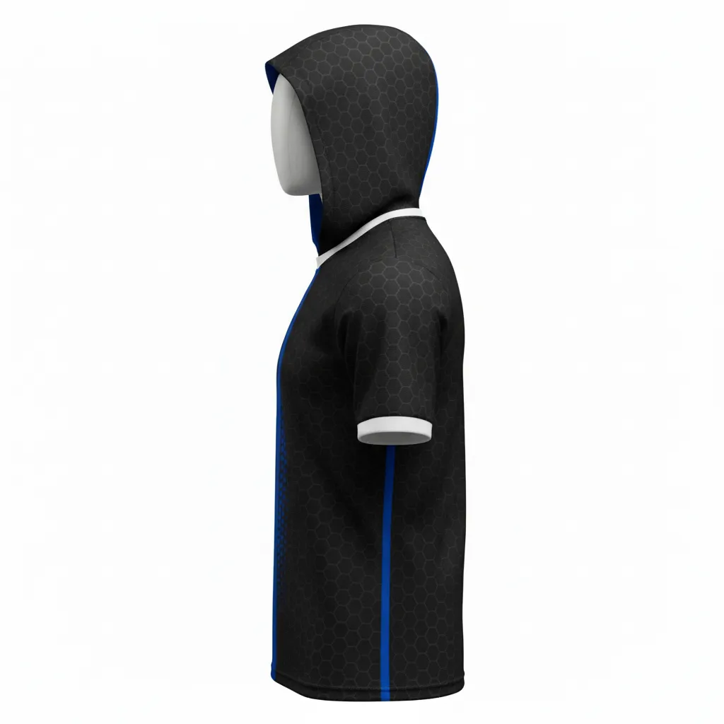 Custom Flag Football Hooded Jersey - Black - Football Hooded Jersey Royal Hexagon - Side View - HAMCO Sports Inc.