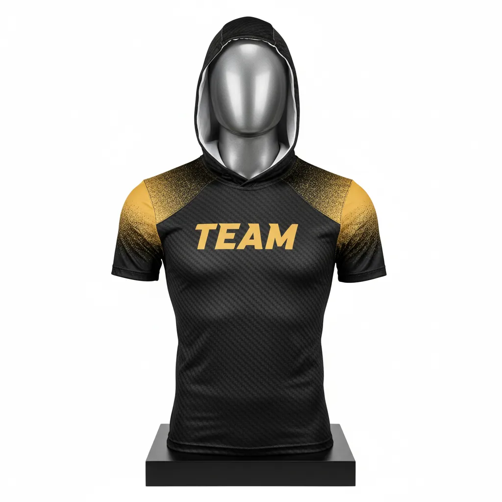 Custom Flag Football Hooded Jersey - Black, Gold - Football Hooded Jersey Vegas Carbon - Front View - HAMCO Sports Inc.