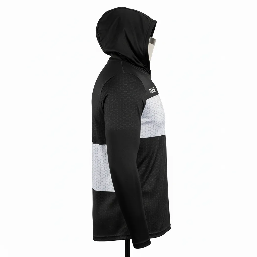 Custom Flag Football Hooded Jersey - Black, White - Football Hooded Jersey Hexagon - Side View - HAMCO Sports Inc.