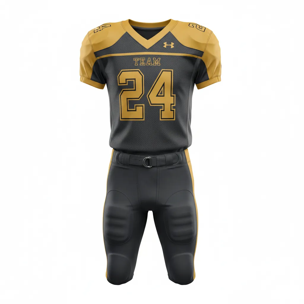Custom Football Alternate Football Uniforms - Gold - Football Uniform Anthracite Vegas Chest Stripe - Front View - HAMCO Sports Inc.