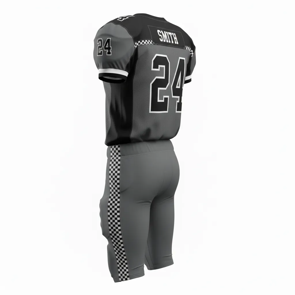 Custom Football Alternate Football Uniforms - Black - Football Uniform Charcoal Checkered Shoulders - Back View - HAMCO Sports Inc.