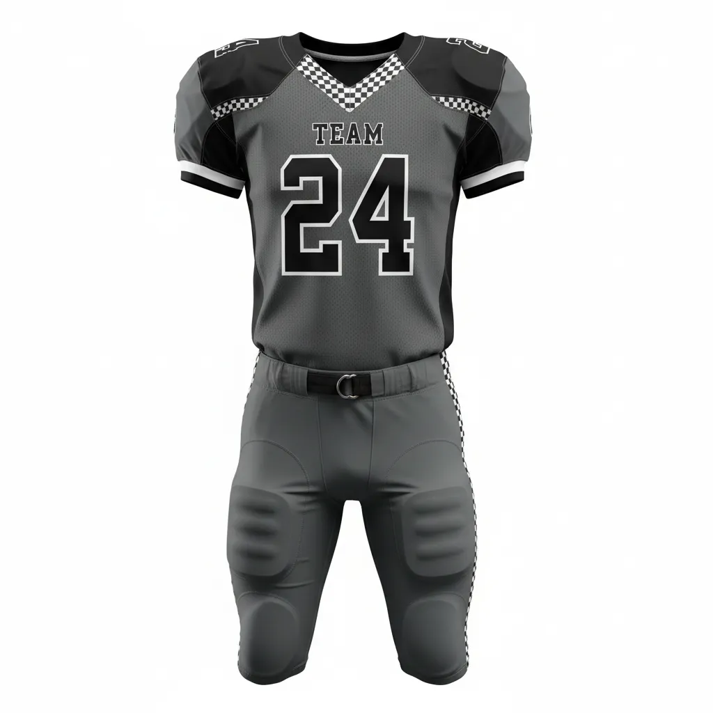 Custom Football Alternate Football Uniforms - Black - Football Uniform Charcoal Checkered Shoulders - Front View - HAMCO Sports Inc.