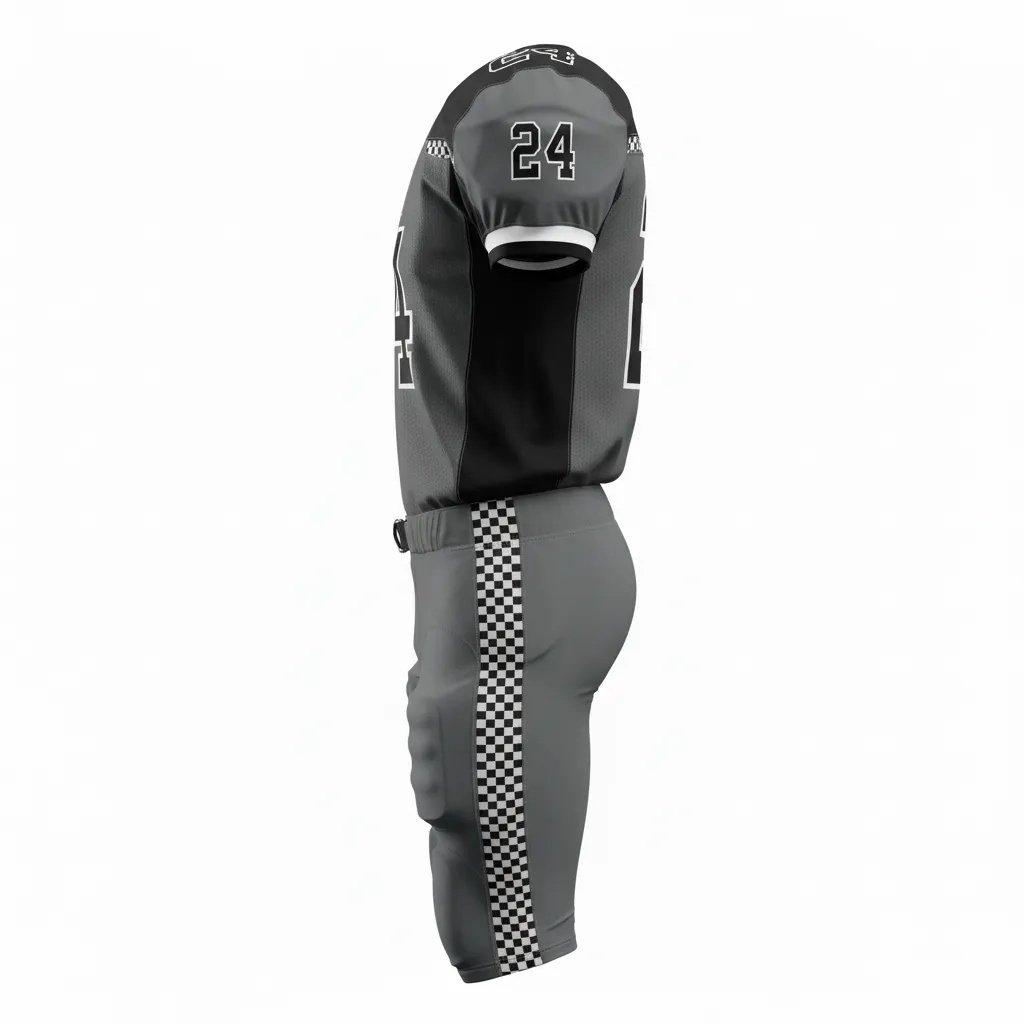 Custom Football Alternate Football Uniforms - Black - Football Uniform Charcoal Checkered Shoulders - Side View - HAMCO Sports Inc.