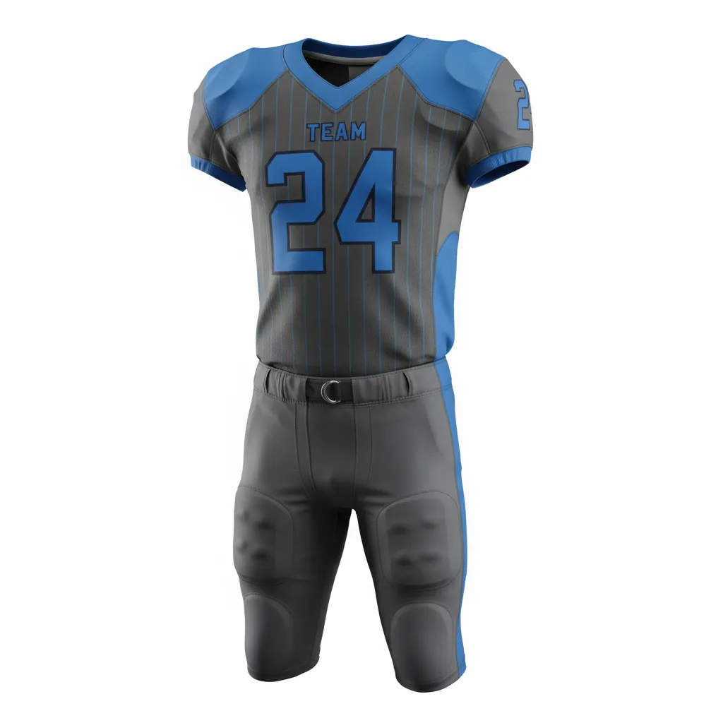 Custom Football Alternate Football Uniforms - Blue - Football Uniform Charcoal Columbia Pinstripe - Front View - HAMCO Sports Inc.