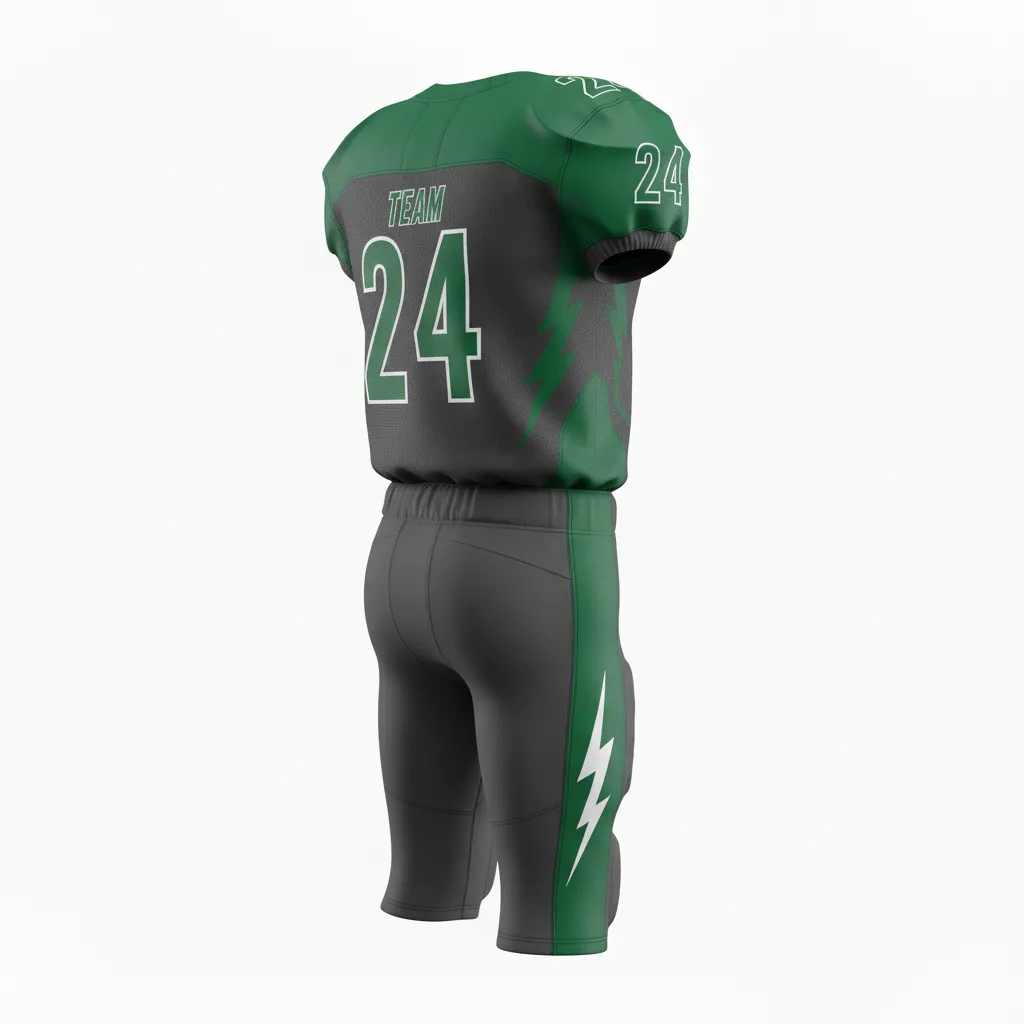 Custom Football Alternate Football Uniforms - Green - Football Uniform Charcoal Forest Shoulder Hem Stripe - Back View - HAMCO Sports Inc.