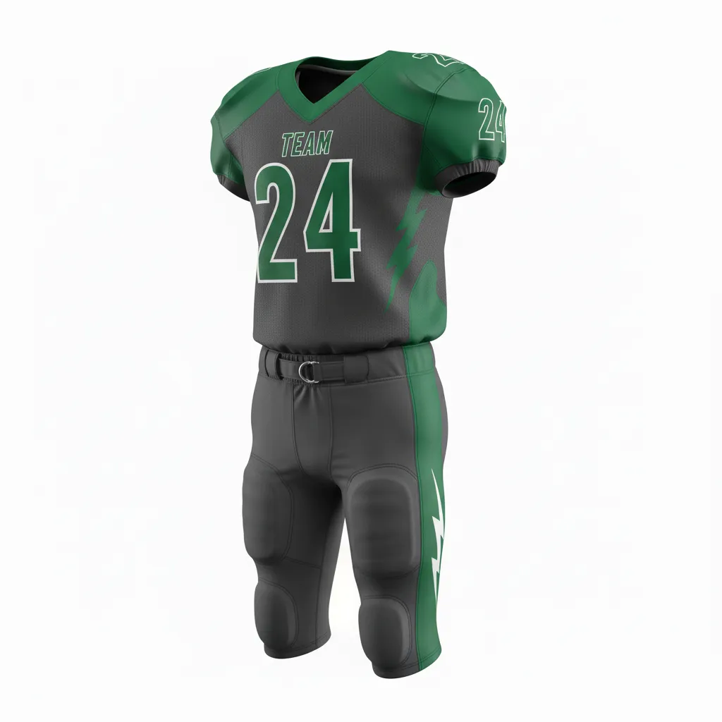 Custom Football Alternate Football Uniforms - Green - Football Uniform Charcoal Forest Shoulder Hem Stripe - Front View - HAMCO Sports Inc.
