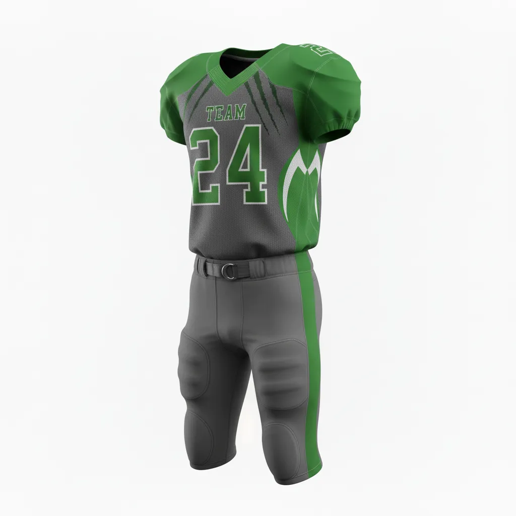 Custom Football Alternate Football Uniforms - Green - Football Uniform Charcoal Kelly Slash Marks - Front View - HAMCO Sports Inc.