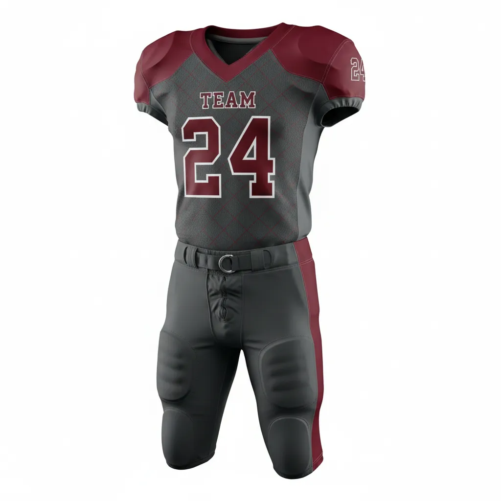 Custom Football Alternate Football Uniforms - Custom Design - Football Uniform Charcoal Maroon Diamond Grid - Front View - HAMCO Sports Inc.