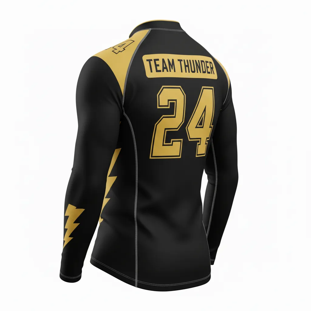 Custom Football Compression Shirt - Black, Gold - Compression Top Vegas Lightning Bolt - Back View - HAMCO Sports Inc.